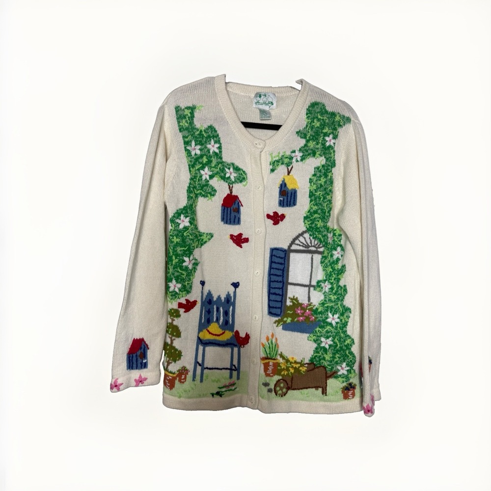 Quacker Factory Cardigan Sweater Size MEDIUM Garden Scene Bird House Flower VTG